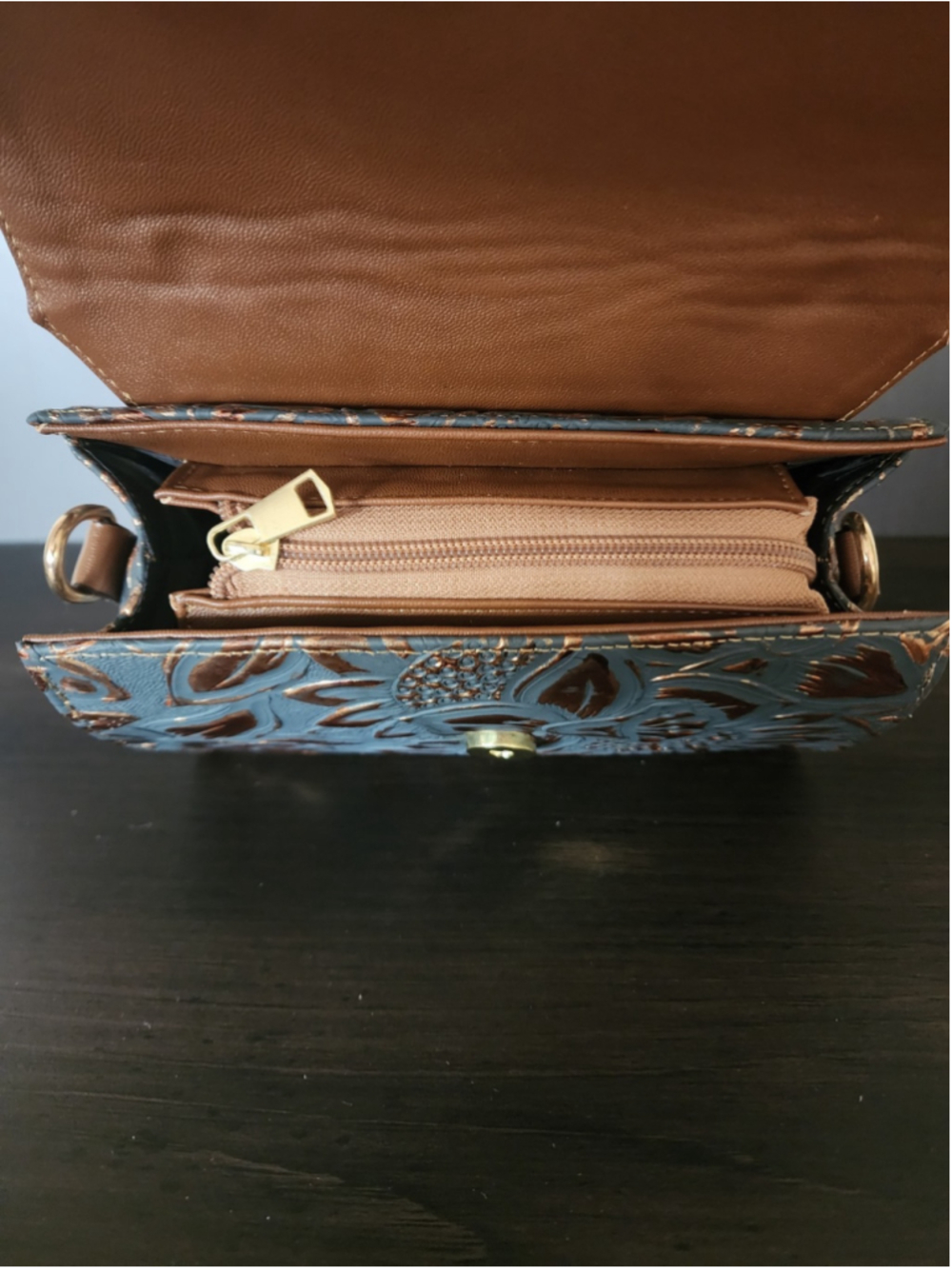 Grayish Navy Blue GOLD Sunflower Embossed Tooled Artisan Leather Crossbody Purse - Picture 11 of 16